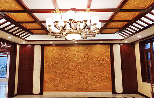 大通中式别墅客厅中式木作横梁吊顶装饰展示
